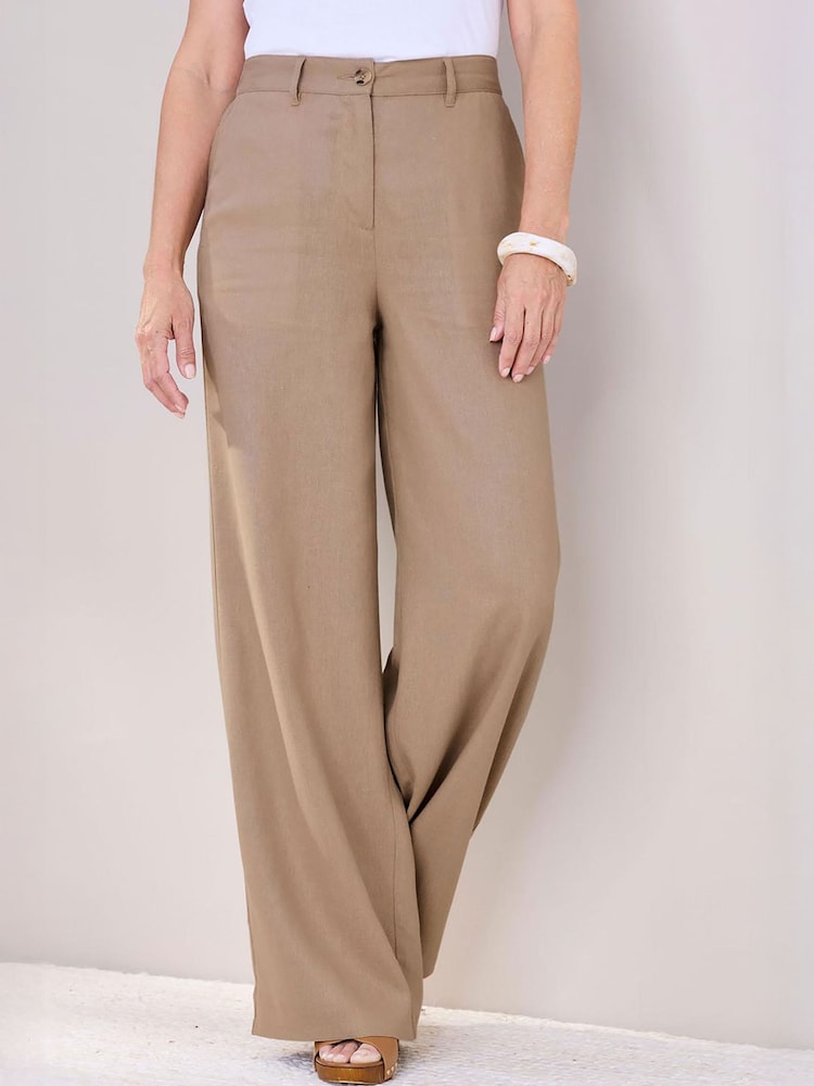 Cotton Traders Brown Linen Blend Wide Leg Trousers - Image 1 of 4