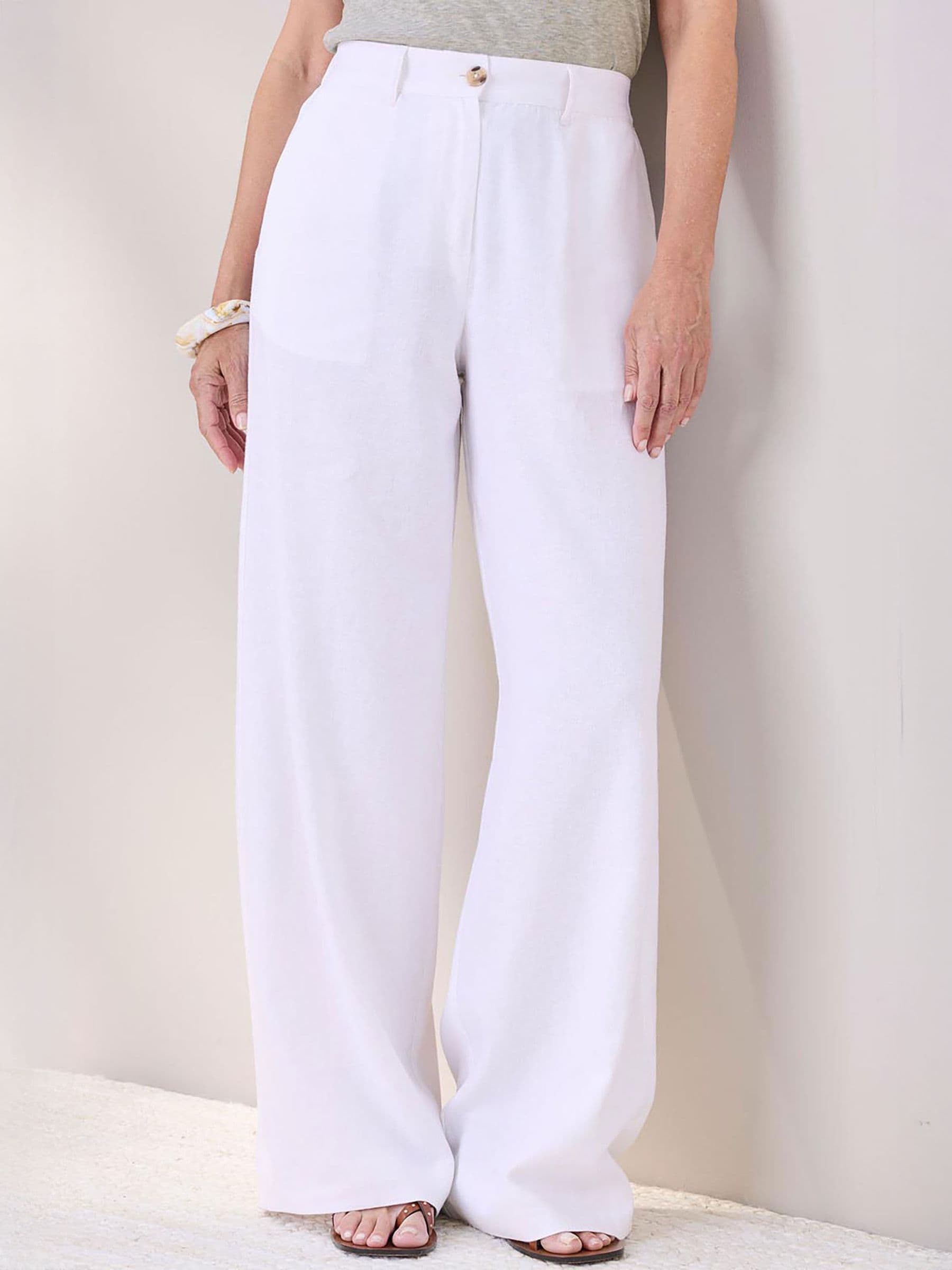 Buy Cotton Traders White Linen Blend Wide Leg Trousers from the