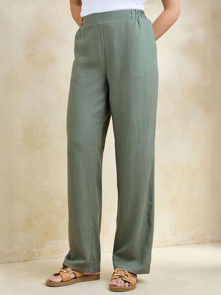 Cotton Traders Green Linen Blend Straight Leg Trousers - Image 1 of 3