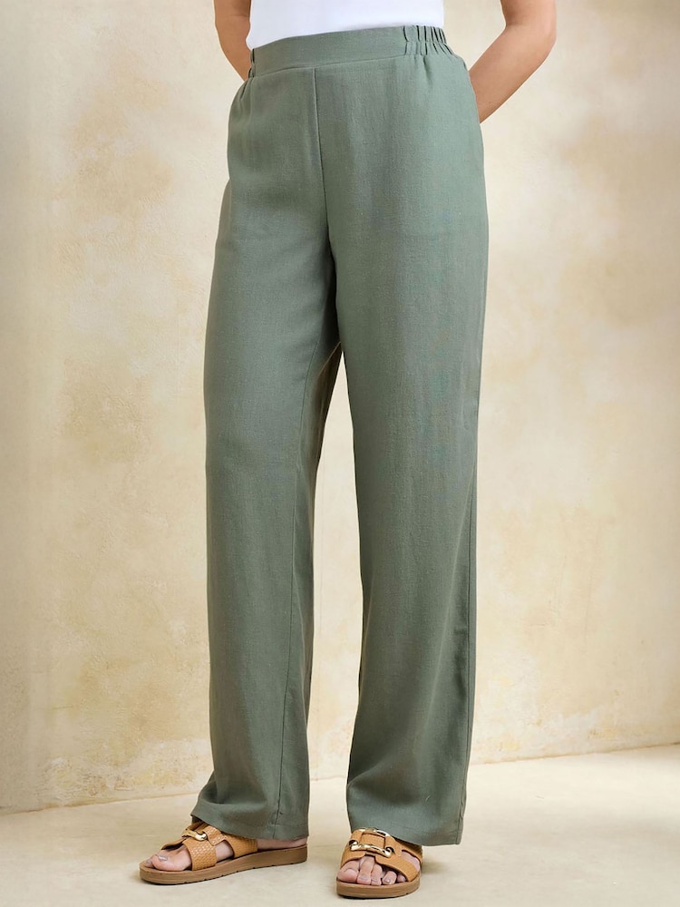 Cotton Traders Green Linen Blend Straight Leg Trousers - Image 1 of 3