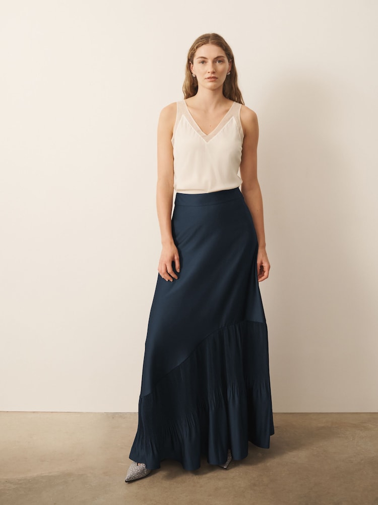 CERENE Lucia Navy Frill Hem Satin Maxi Skirt - Image 1 of 8