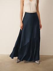 CERENE Lucia Navy Frill Hem Satin Maxi Skirt - Image 2 of 8