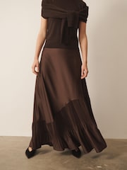 CERENE Lucia Brown Frill Hem Satin Maxi Skirt - Image 1 of 9