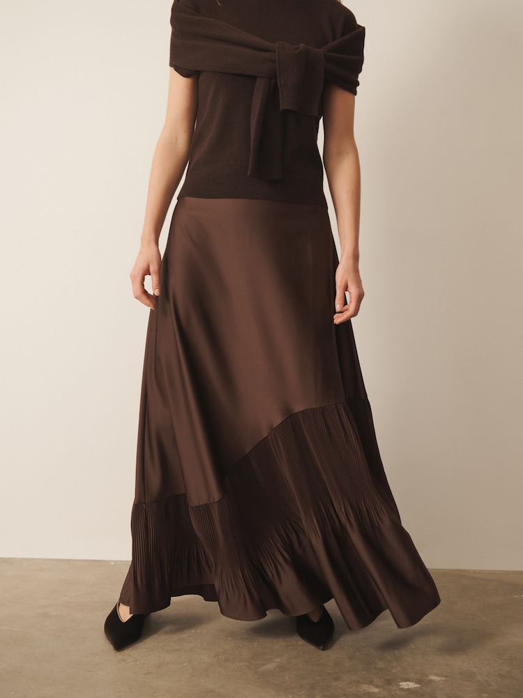 CERENE Lucia Brown Frill Hem Satin Maxi Skirt - Image 1 of 9