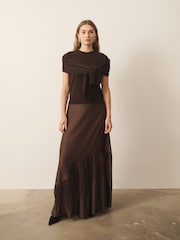 CERENE Lucia Brown Frill Hem Satin Maxi Skirt - Image 2 of 9