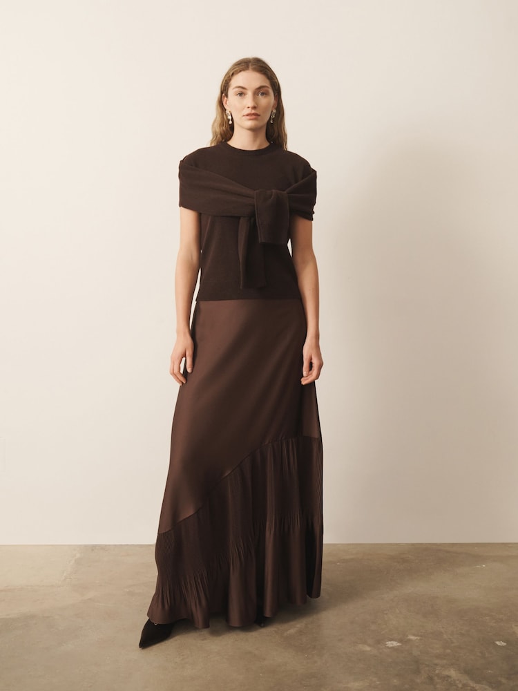 CERENE Lucia Brown Frill Hem Satin Maxi Skirt - Image 2 of 9