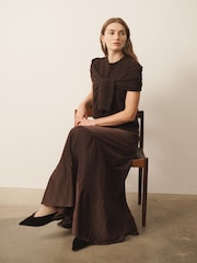 CERENE Lucia Brown Frill Hem Satin Maxi Skirt - Image 3 of 9