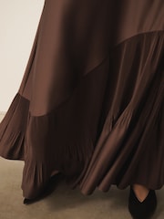 CERENE Lucia Brown Frill Hem Satin Maxi Skirt - Image 5 of 9