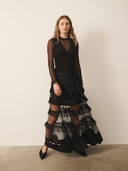 CERENE Coral Black Tiered Polka Dot Mesh Maxi Skirt - Image 1 of 11