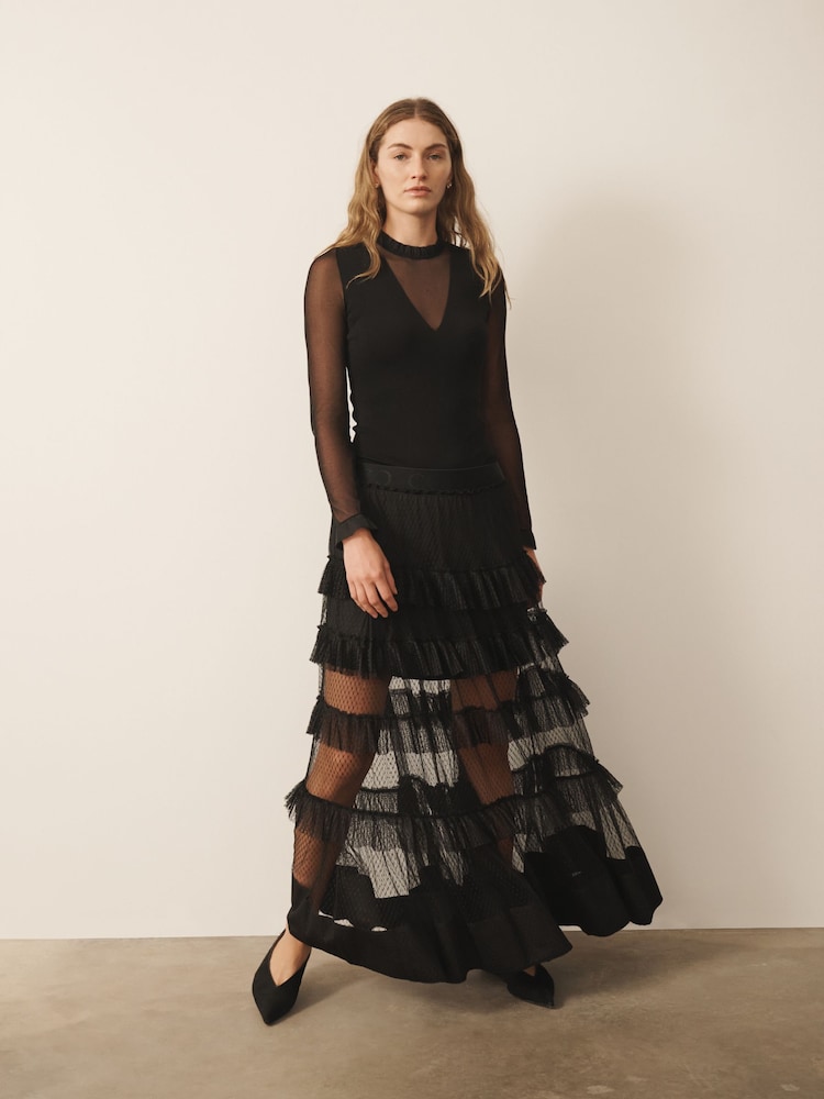 CERENE Coral Black Tiered Polka Dot Mesh Maxi Skirt - Image 1 of 11 CERENE Coral Black Tiered Polka Dot Mesh Maxi Skirt - Image 1 of 11