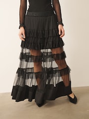 CERENE Coral Black Tiered Polka Dot Mesh Maxi Skirt - Image 2 of 11