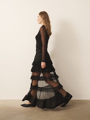 CERENE Coral Black Tiered Polka Dot Mesh Maxi Skirt - Image 3 of 11
