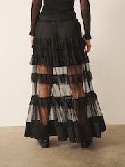CERENE Coral Black Tiered Polka Dot Mesh Maxi Skirt - Image 4 of 11