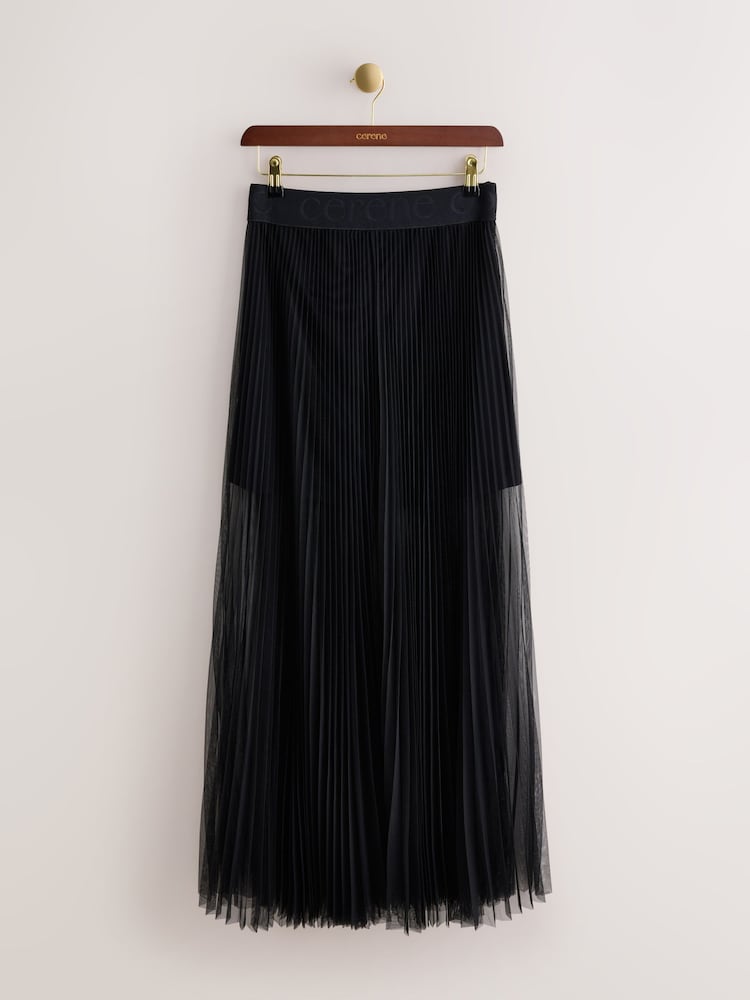 Zwart - CERENE Sheer Mesh Pleated Maxi Skirt - Afbeelding 2 van 11