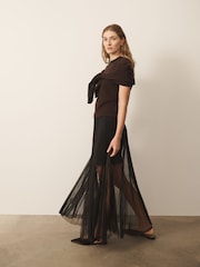 Zwart - CERENE Sheer Mesh Pleated Maxi Skirt - Afbeelding 3 van 11