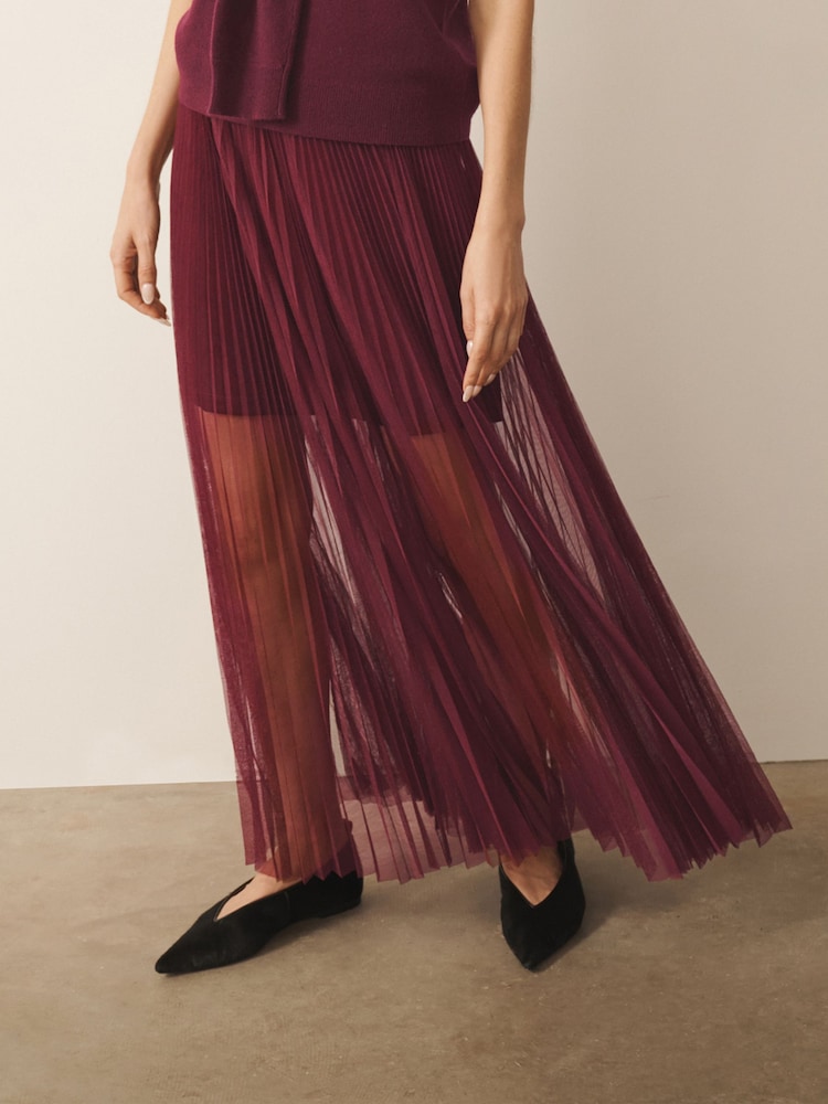 CERENE Frankie Burgundy Red Sheer Mesh Pleated Maxi Skirt - Image 2 of 10 CERENE Frankie Burgundy Red Sheer Mesh Pleated Maxi Skirt - Image 2 of 10