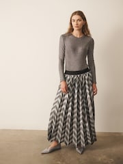 CERENE Aurelia Silver Metallic Chevron Pleated Midi Skirt - Image 1 of 8
