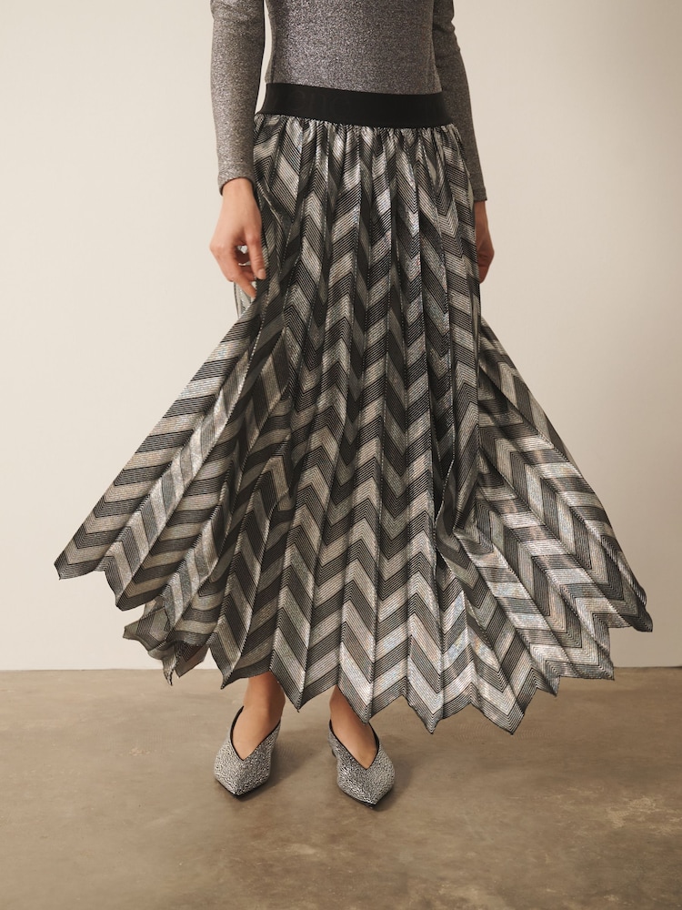 CERENE Aurelia Silver Metallic Chevron Pleated Midi Skirt - Image 2 of 8