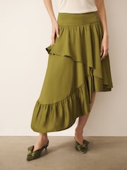 CERENE Asymmetric Ruffle Satin Midi Skirt - Imaginea 1 din 11