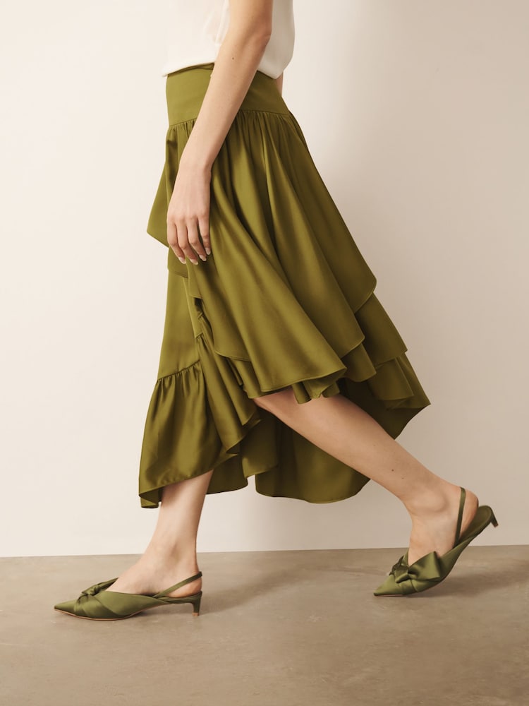 CERENE Asymmetric Ruffle Satin Midi Skirt - Imaginea 2 din 11