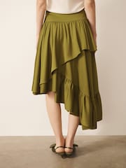 CERENE Asymmetric Ruffle Satin Midi Skirt - Imaginea 3 din 11