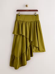 CERENE Asymmetric Ruffle Satin Midi Skirt - Imaginea 4 din 11