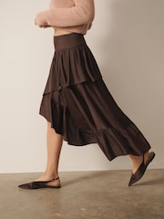 Braun - CERENE Asymmetric Ruffle Satin Midi Skirt - Bild 3 von 11