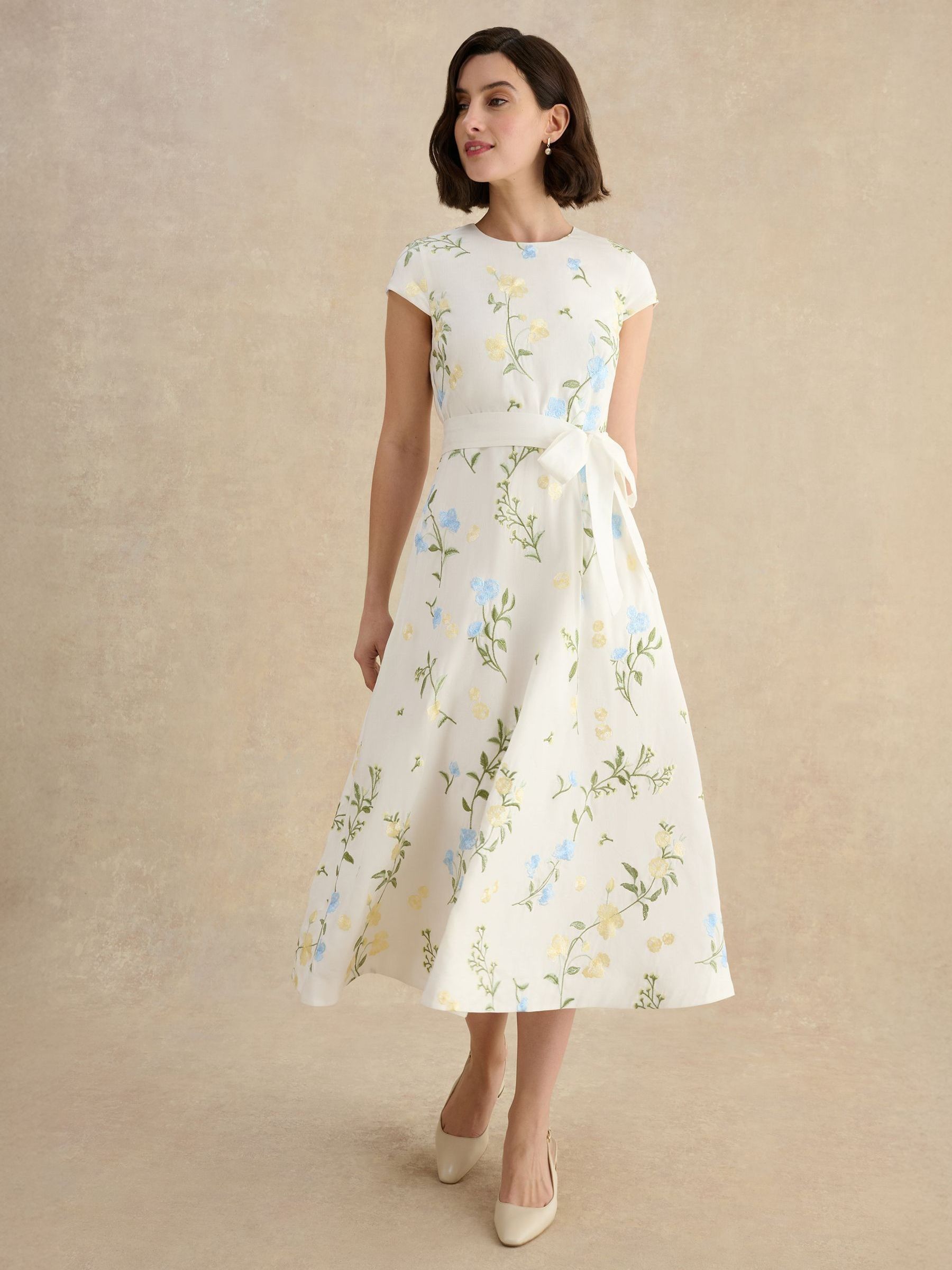Buy Hobbs White Floral Embroidery Linda Tie Waist Front Bow Midi 