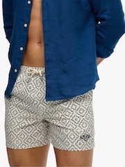 SUPERDRY Cream Premium Printed 15-inch Swim Shorts - Image 1 of 9