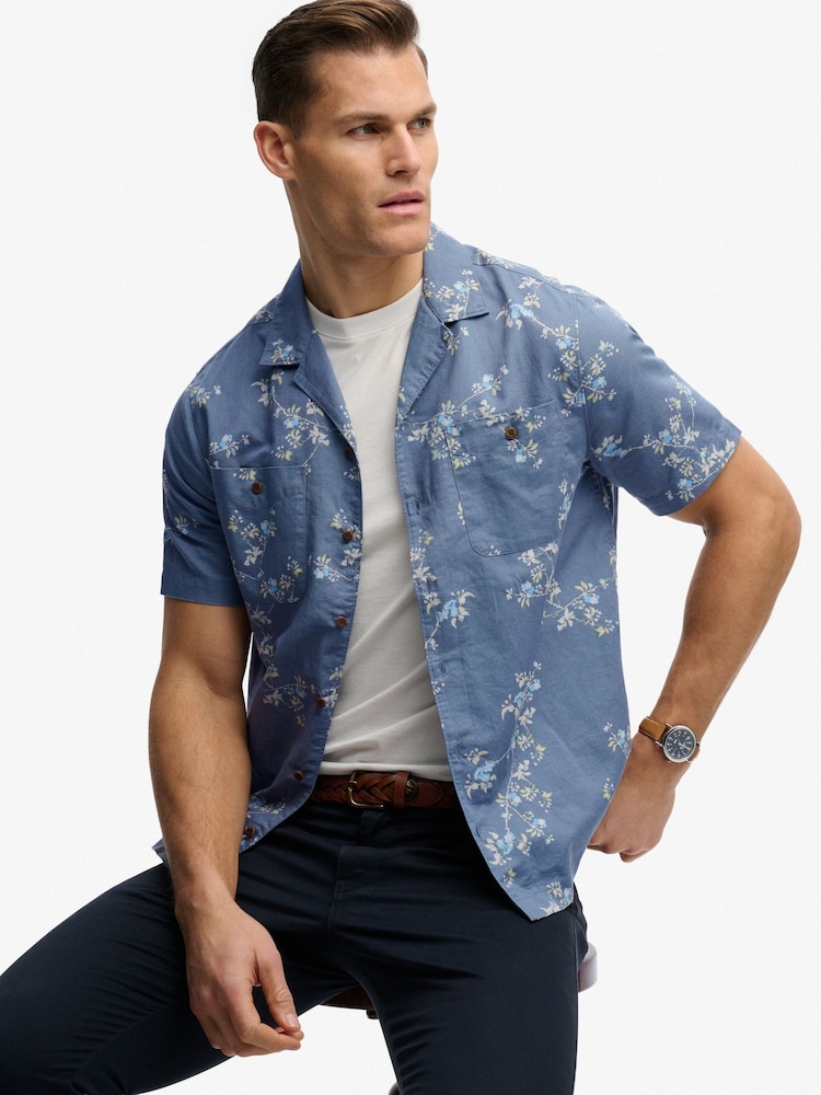SUPERDRY Blue Short Sleeve Printed Beach Shirt - Image 1 of 6