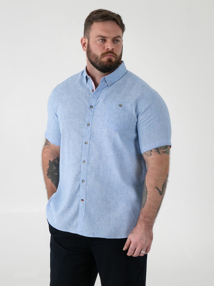 D555 Blue Linen Mix Short Sleeve Shirt With Button Down Collar & Pocket - Image 1 of 6