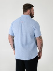 D555 Blue Linen Mix Short Sleeve Shirt With Button Down Collar & Pocket - Image 3 of 6