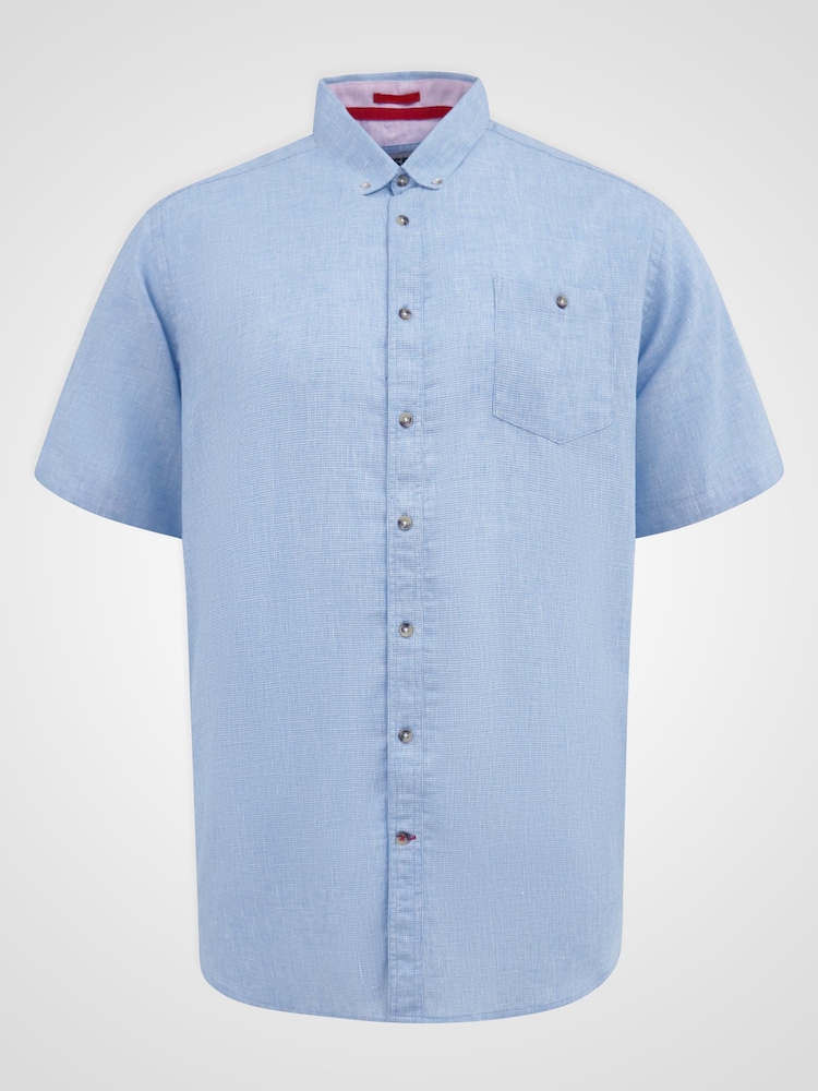 D555 Blue Linen Mix Short Sleeve Shirt With Button Down Collar & Pocket - Image 6 of 6