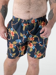 D555 Blue Printed Hawaiian Swim Shorts With Back Zipper Pocket - Image 1 of 8