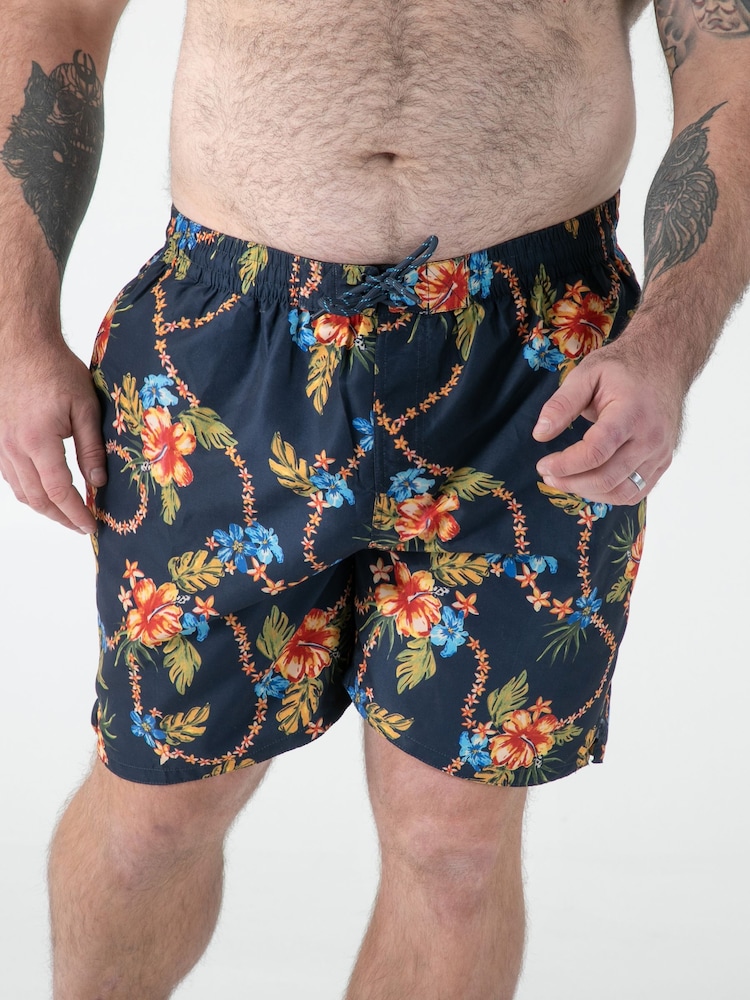 D555 Blue Printed Hawaiian Swim Shorts With Back Zipper Pocket - Image 1 of 8 D555 Blue Printed Hawaiian Swim Shorts With Back Zipper Pocket - Image 1 of 8