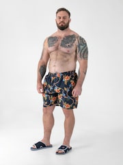 D555 Blue Printed Hawaiian Swim Shorts With Back Zipper Pocket - Image 2 of 8