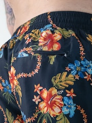 D555 Blue Printed Hawaiian Swim Shorts With Back Zipper Pocket - Image 5 of 8