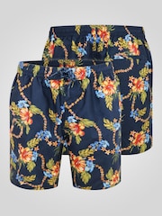 D555 Blue Printed Hawaiian Swim Shorts With Back Zipper Pocket - Image 6 of 8