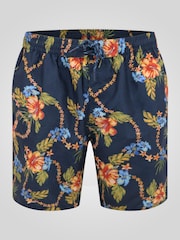 D555 Blue Printed Hawaiian Swim Shorts With Back Zipper Pocket - Image 7 of 8