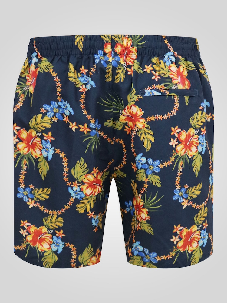 D555 Blue Printed Hawaiian Swim Shorts With Back Zipper Pocket - Image 8 of 8 D555 Blue Printed Hawaiian Swim Shorts With Back Zipper Pocket - Image 8 of 8