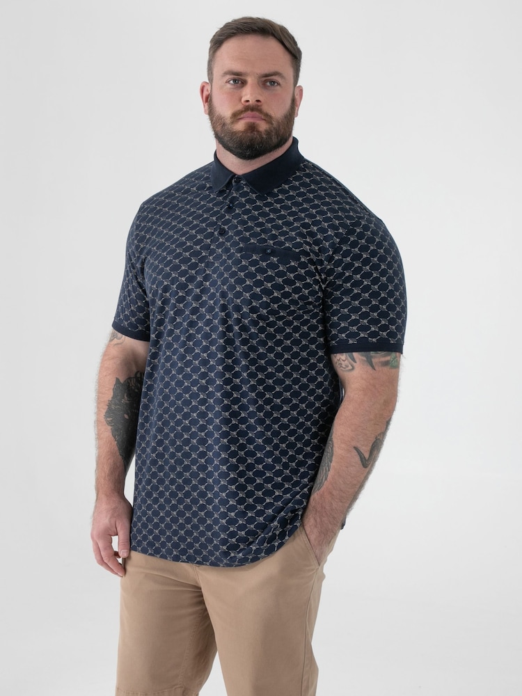 D555 Blue Printed Jacquard Collar And Cuff Short Sleeve Polo Shirt With Chest Pocket - Image 1 of 6