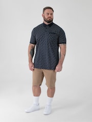 D555 Blue Printed Jacquard Collar And Cuff Short Sleeve Polo Shirt With Chest Pocket - Image 2 of 6