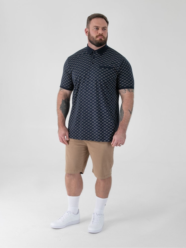 D555 Blue Printed Jacquard Collar And Cuff Short Sleeve Polo Shirt With Chest Pocket - Image 2 of 6
