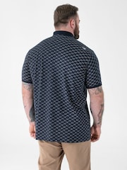 D555 Blue Printed Jacquard Collar And Cuff Short Sleeve Polo Shirt With Chest Pocket - Image 3 of 6