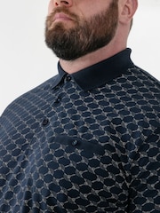 D555 Blue Printed Jacquard Collar And Cuff Short Sleeve Polo Shirt With Chest Pocket - Image 4 of 6