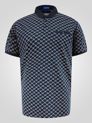 D555 Blue Printed Jacquard Collar And Cuff Short Sleeve Polo Shirt With Chest Pocket - Image 6 of 6