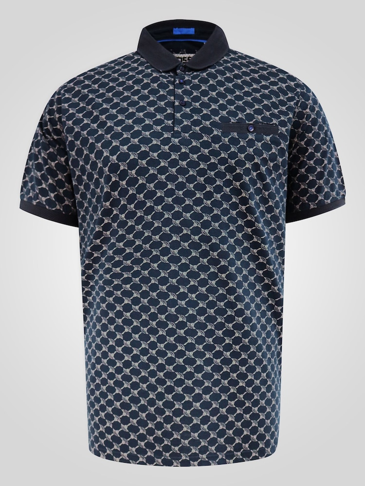 D555 Blue Printed Jacquard Collar And Cuff Short Sleeve Polo Shirt With Chest Pocket - Image 6 of 6