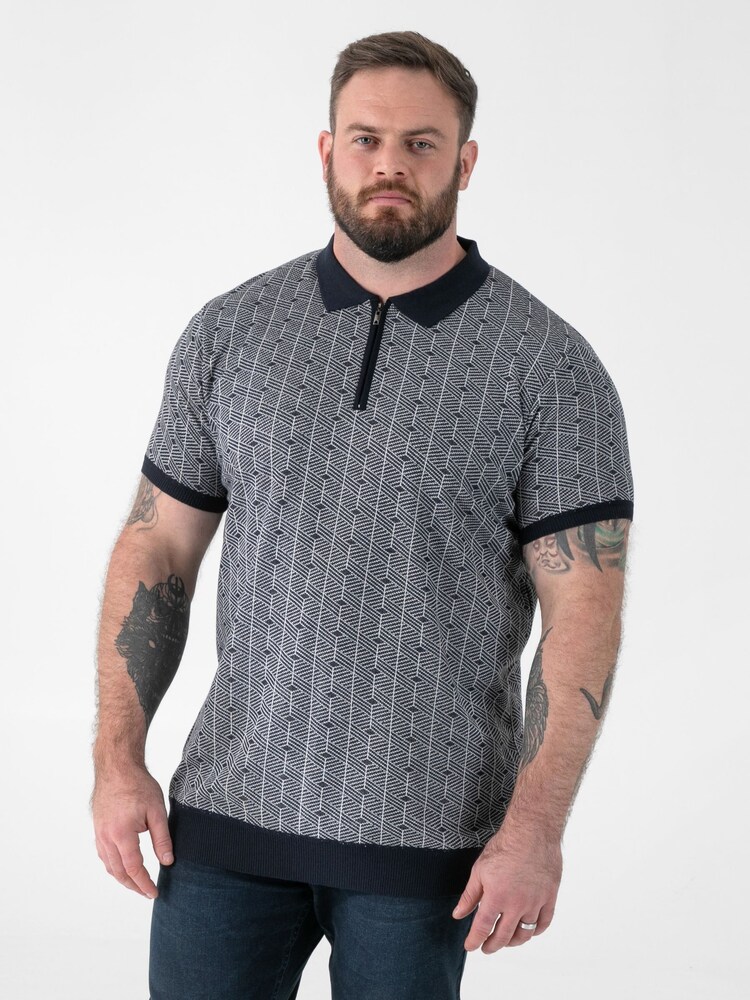 D555 Blue Jacquard Knitted Polo Shirt With Quarter Neck Zip - Image 1 of 6