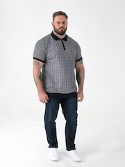 D555 Blue Jacquard Knitted Polo Shirt With Quarter Neck Zip - Image 2 of 6