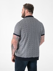 D555 Blue Jacquard Knitted Polo Shirt With Quarter Neck Zip - Image 3 of 6